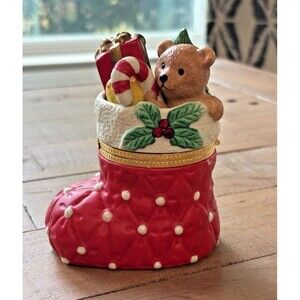 Partylite Holiday Stocking Teddy Bear Figurine Trinket Box Used